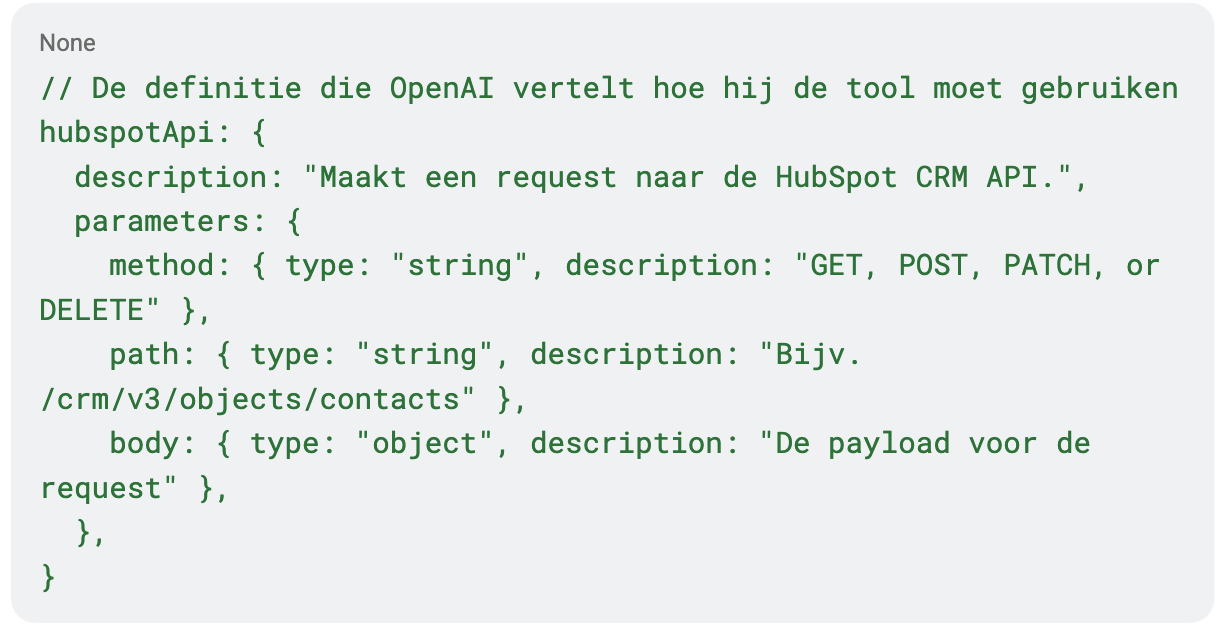 Code screenshot generieke HubSpot tool definitie
